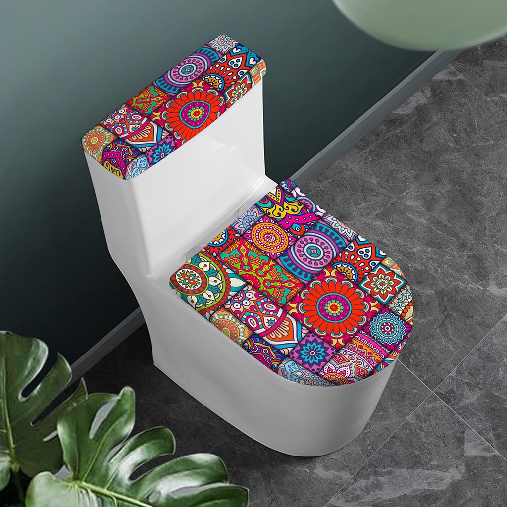 Square Bohemian Mandala Patchwork Print Toilet Lid And Tank Cover Set