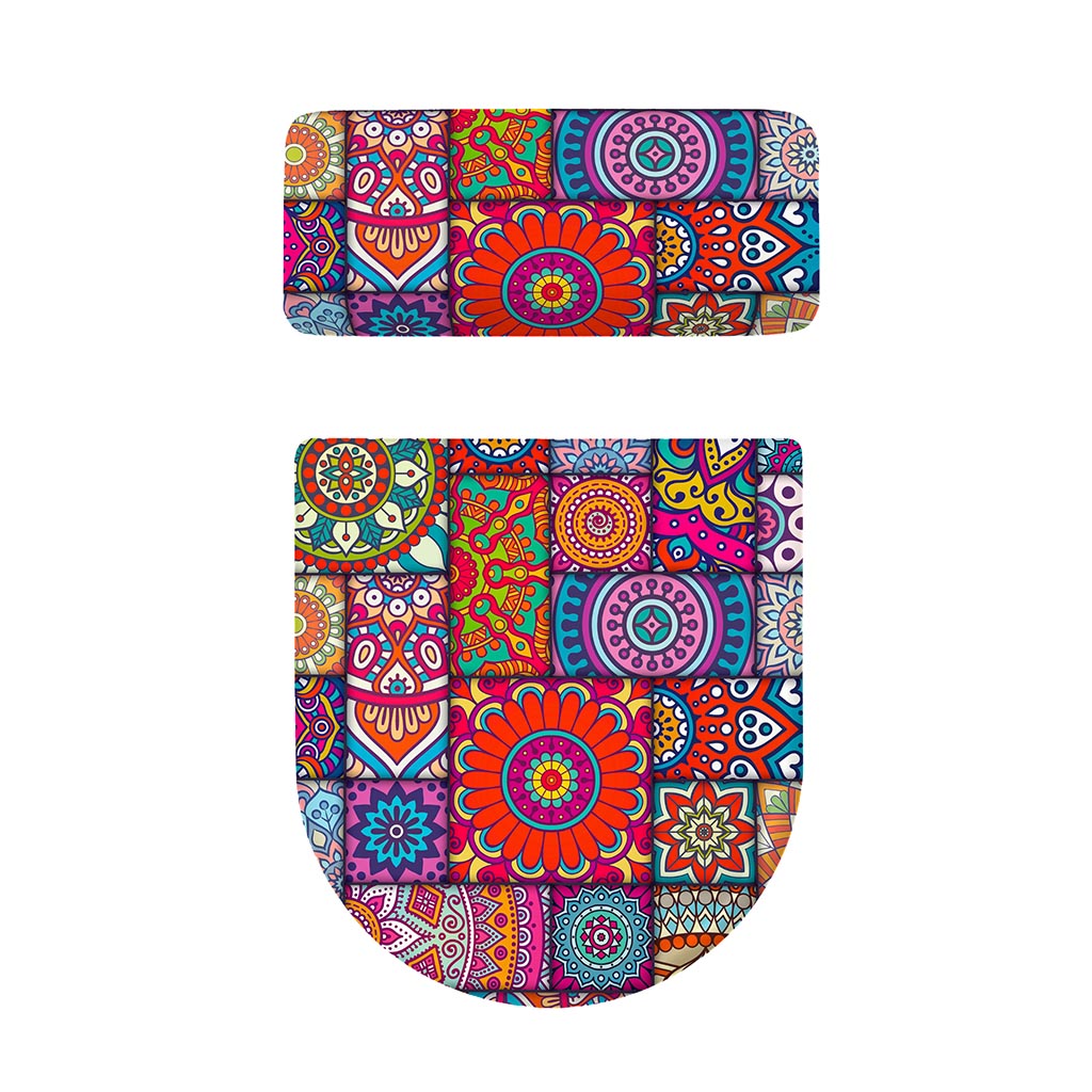 Square Bohemian Mandala Patchwork Print Toilet Lid And Tank Cover Set