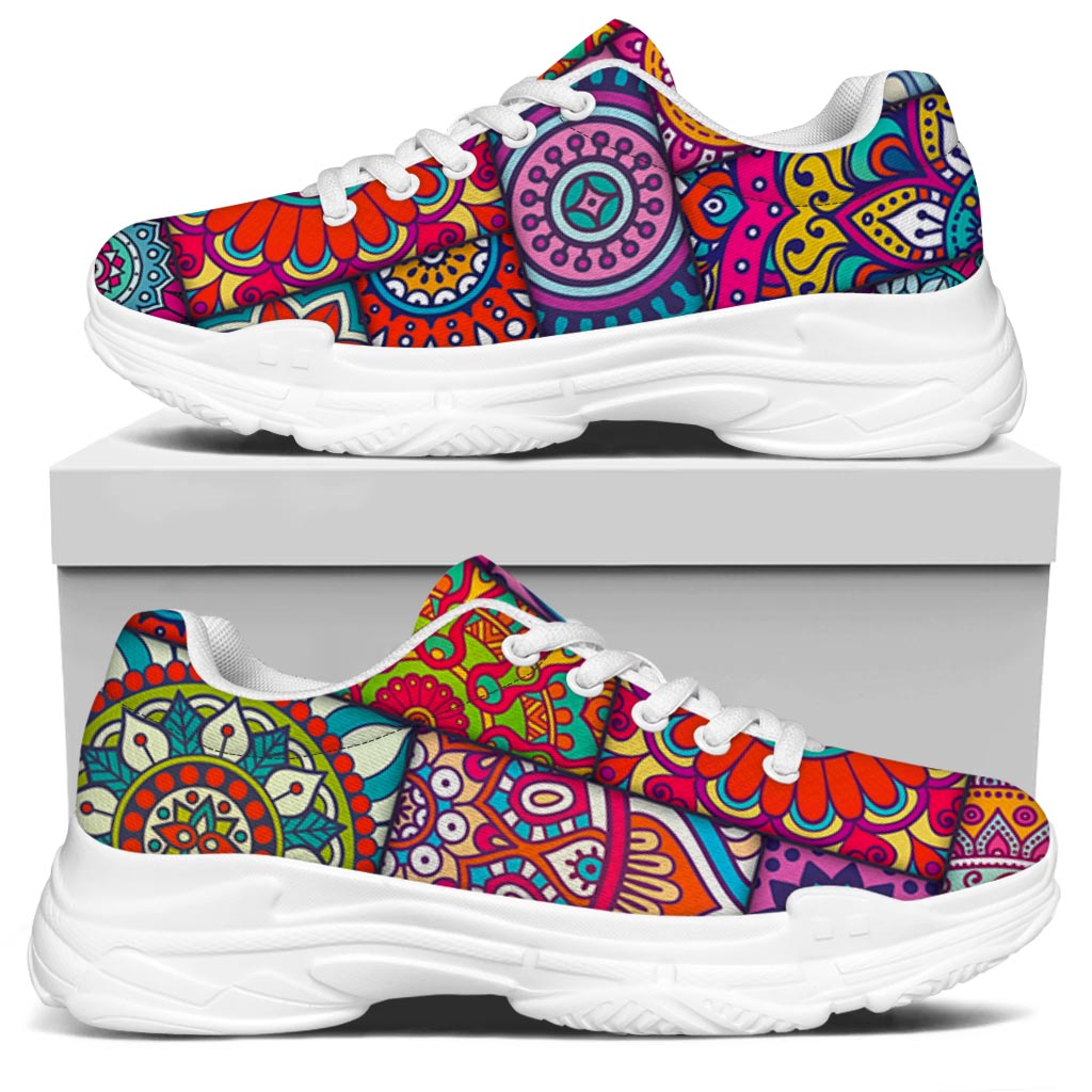 Square Bohemian Mandala Patchwork Print White Chunky Shoes