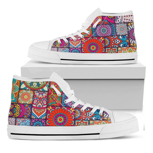 Square Bohemian Mandala Patchwork Print White High Top Sneakers