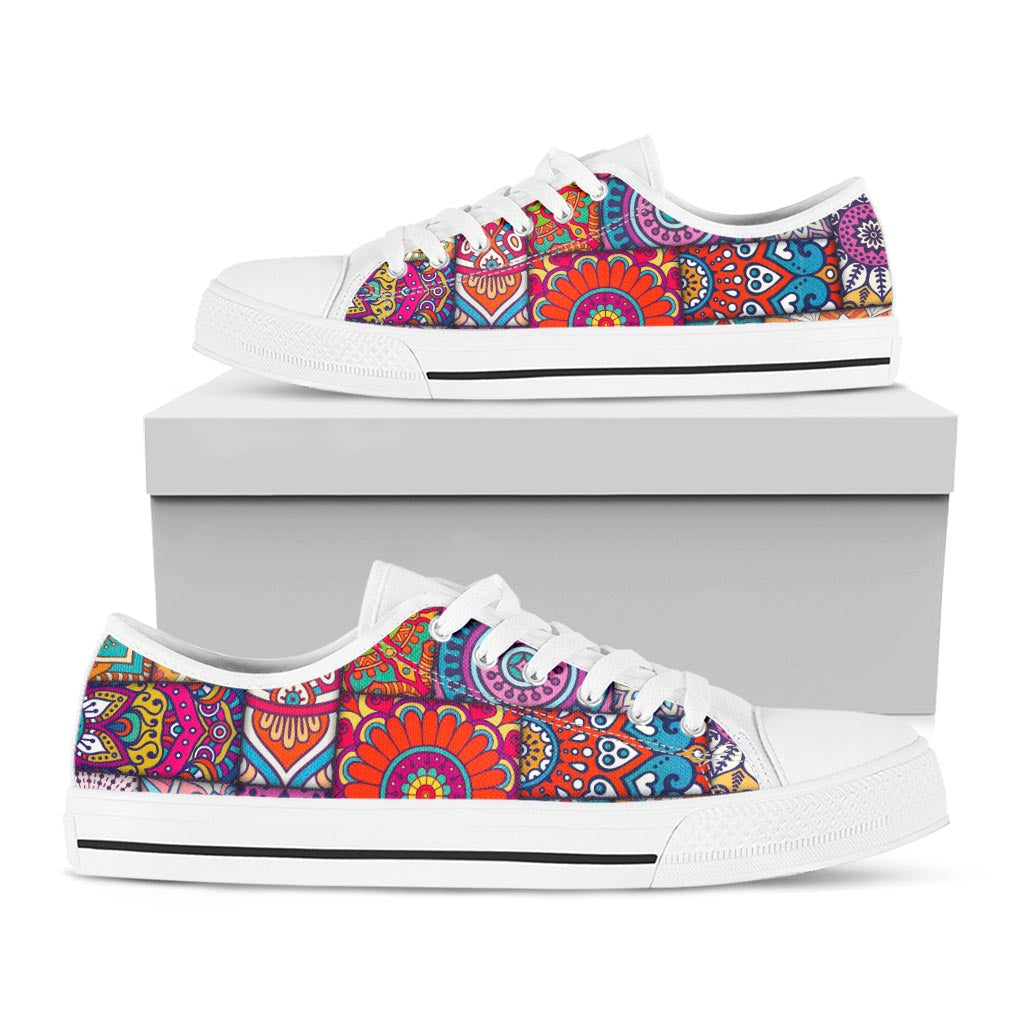 Square Bohemian Mandala Patchwork Print White Low Top Sneakers
