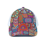 Square Bohemian Mandala Patchwork Print White Mesh Trucker Cap