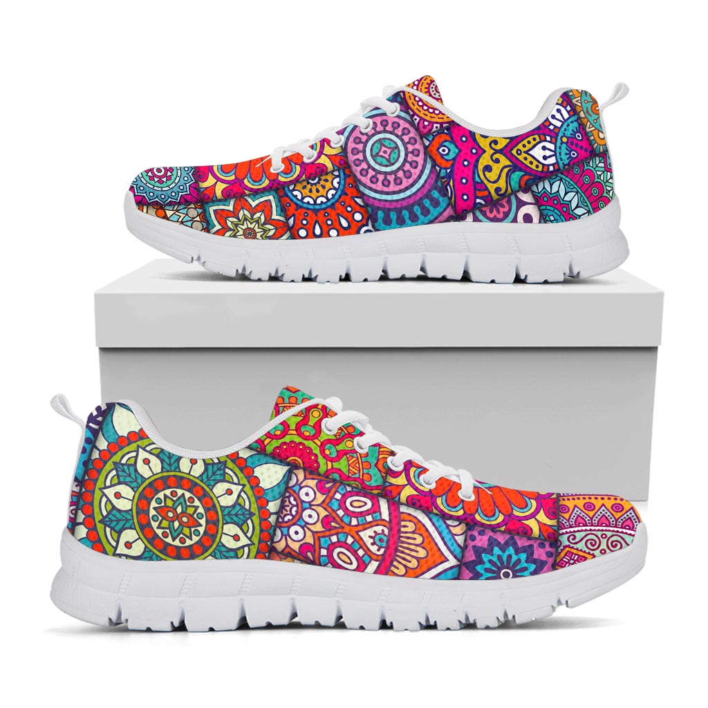 Square Bohemian Mandala Patchwork Print White Running Shoes