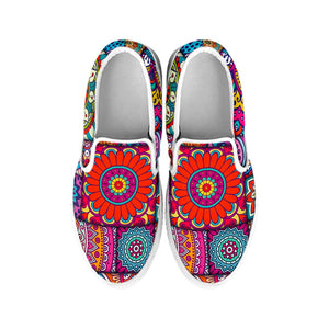 Square Bohemian Mandala Patchwork Print White Slip On Sneakers