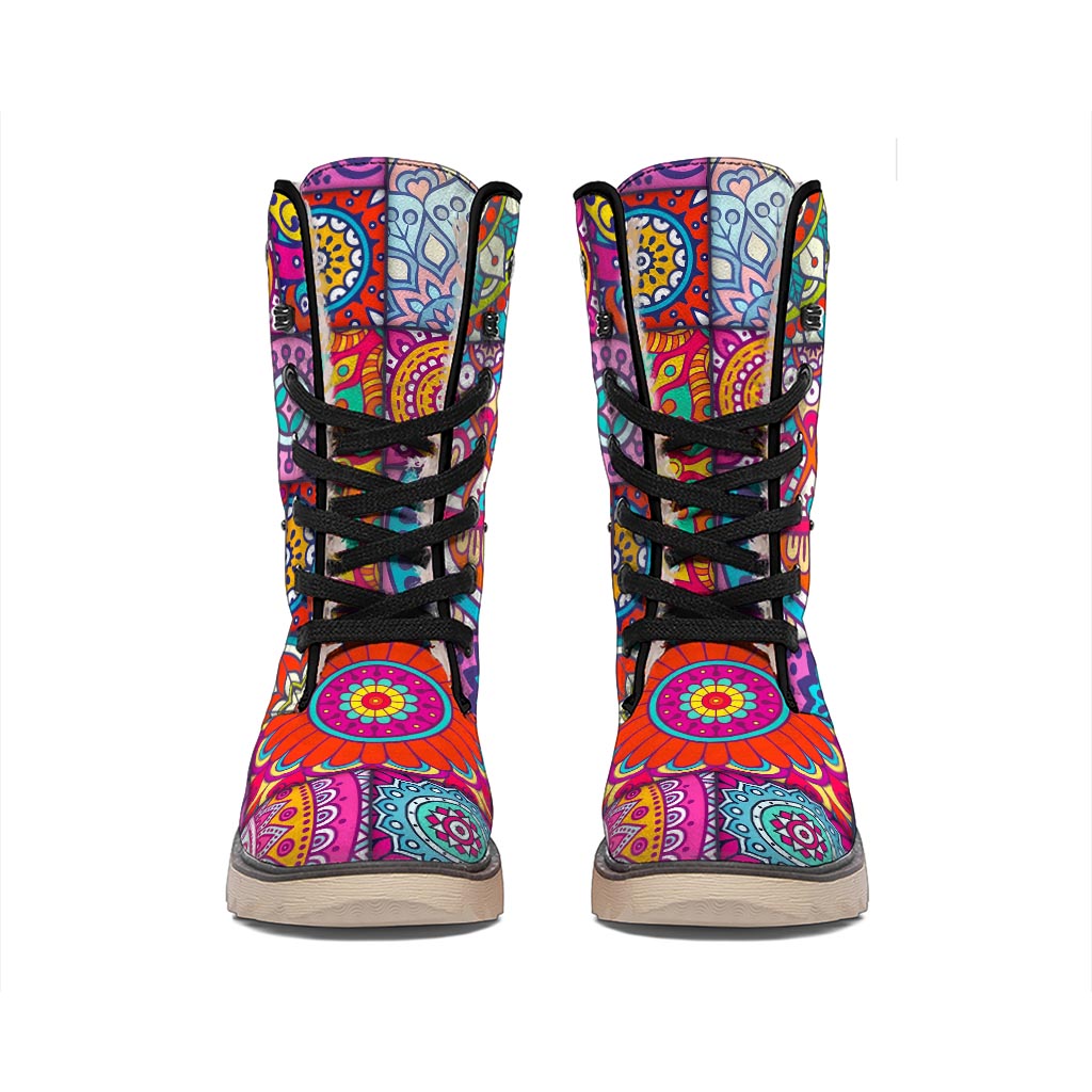 Square Bohemian Mandala Patchwork Print Winter Boots