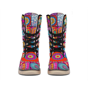 Square Bohemian Mandala Patchwork Print Winter Boots