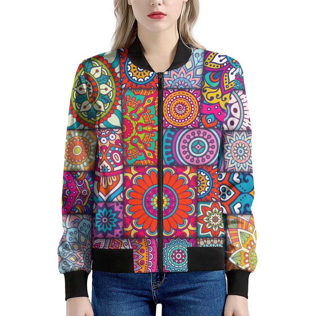 Square Bohemian Mandala Patchwork Print Women's Bomber Jacket