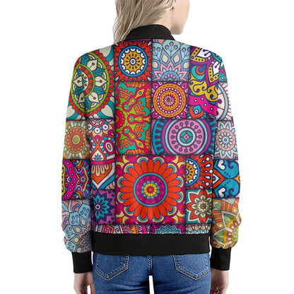 Square Bohemian Mandala Patchwork Print Women's Bomber Jacket