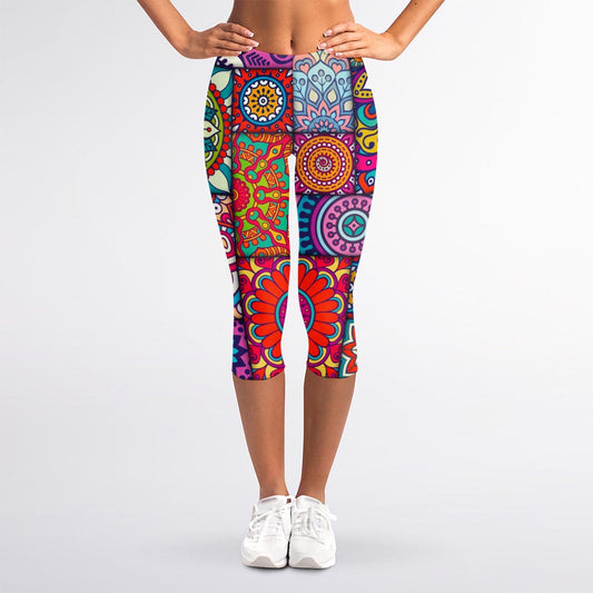 Square Bohemian Mandala Patchwork Print Women's Capri Leggings