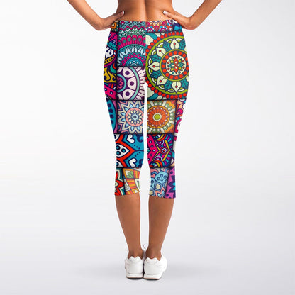 Square Bohemian Mandala Patchwork Print Women's Capri Leggings
