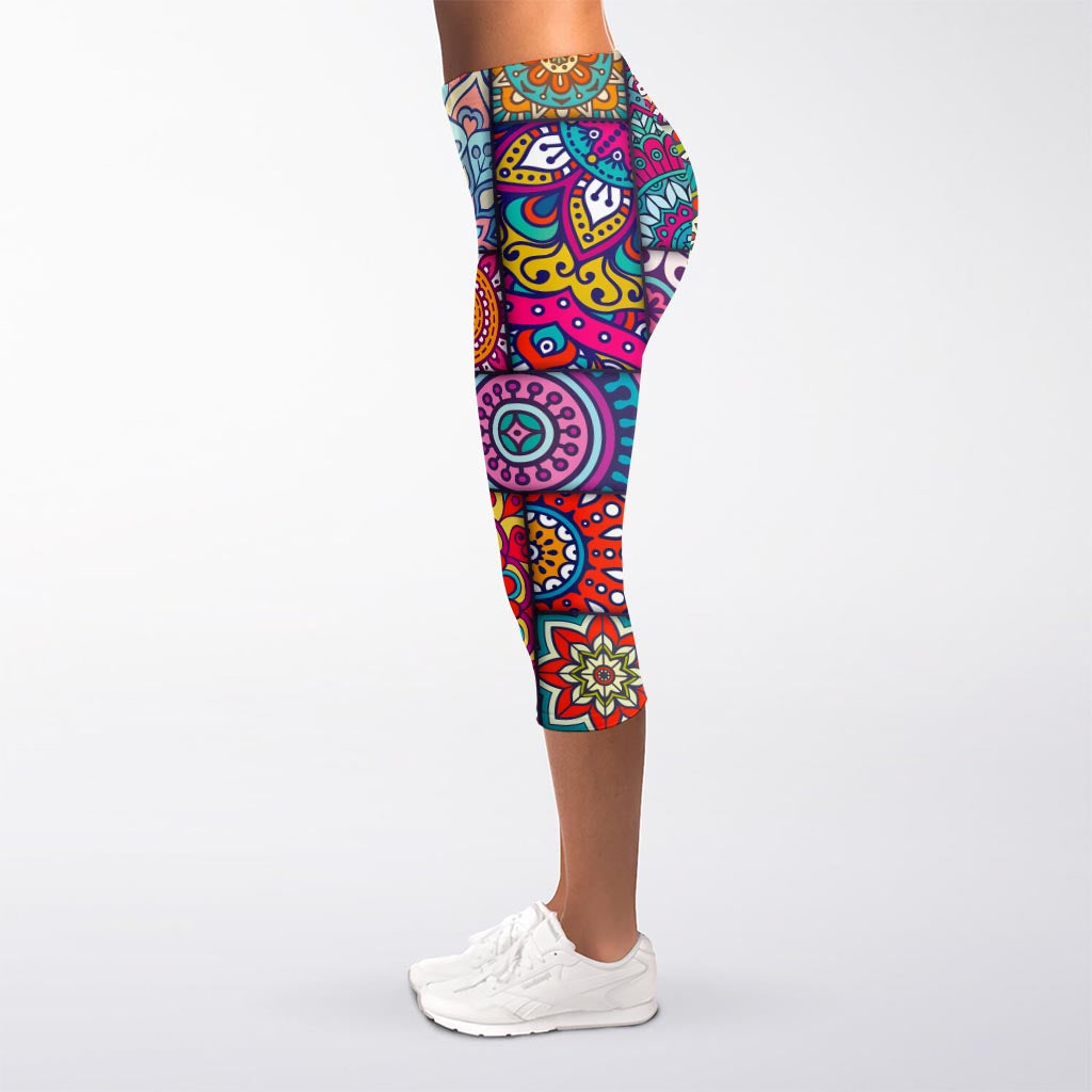 Square Bohemian Mandala Patchwork Print Women's Capri Leggings