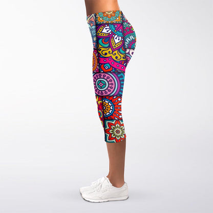 Square Bohemian Mandala Patchwork Print Women's Capri Leggings