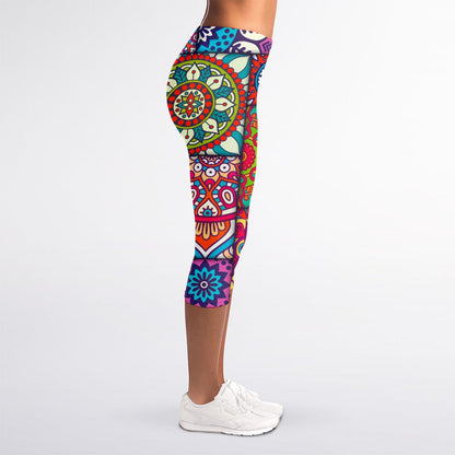 Square Bohemian Mandala Patchwork Print Women's Capri Leggings