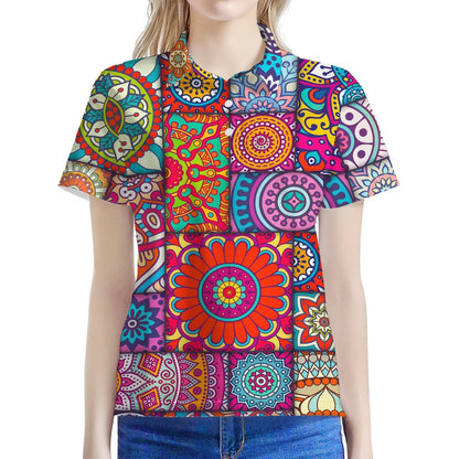 Square Bohemian Mandala Patchwork Print Women's Polo Shirt