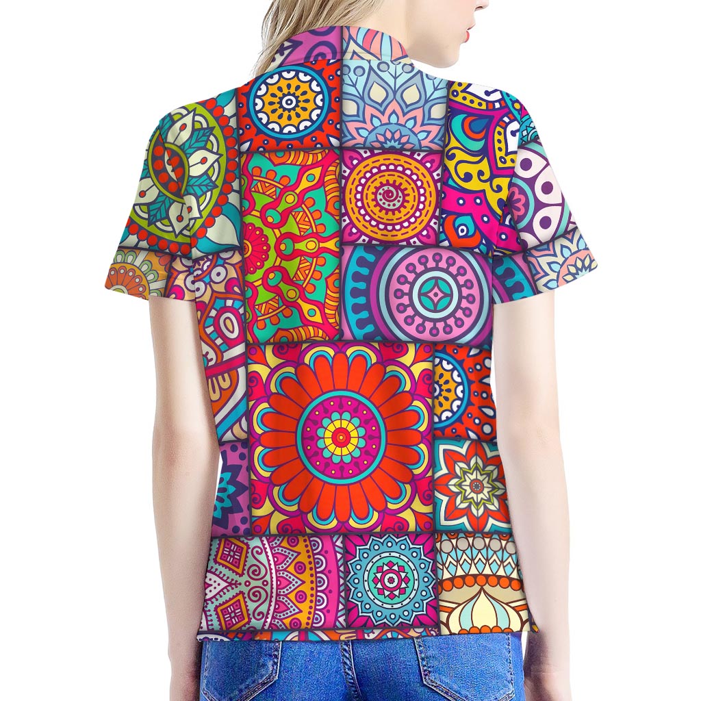 Square Bohemian Mandala Patchwork Print Women's Polo Shirt