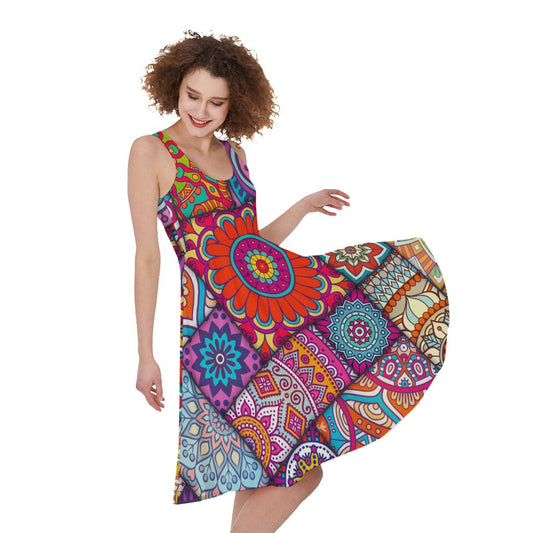 Square Bohemian Mandala Patchwork Print Women's Sleeveless Dress