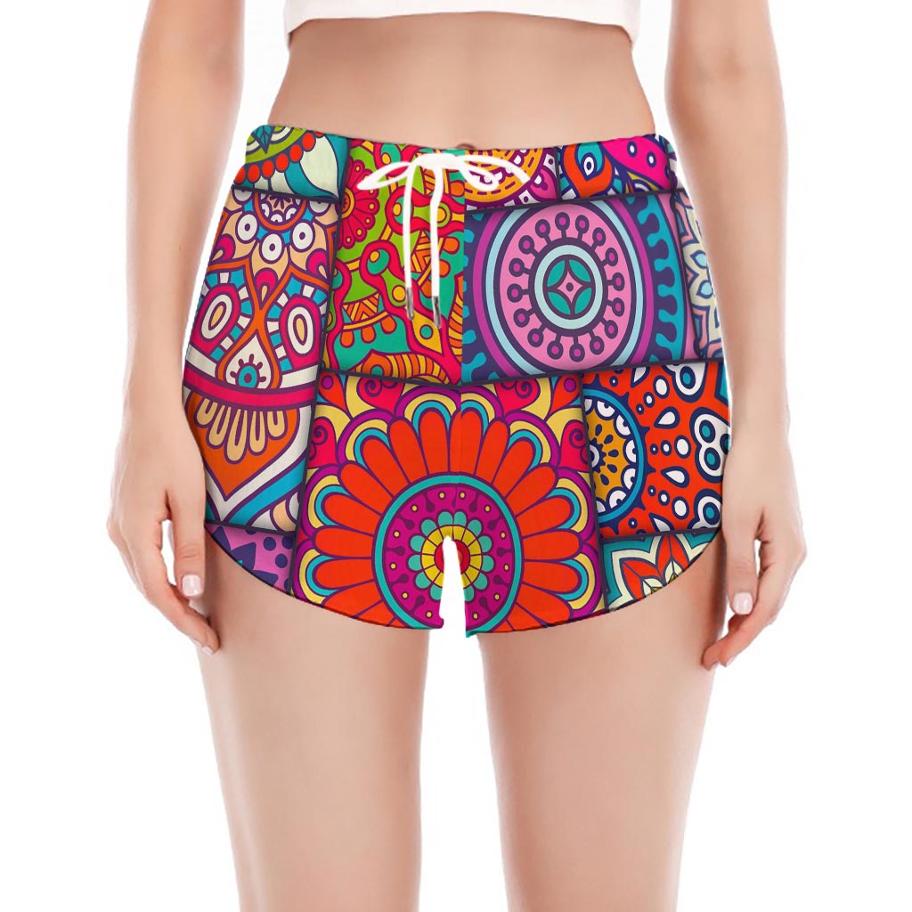 Square Bohemian Mandala Patchwork Print Women's Split Running Shorts