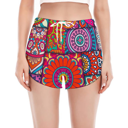 Square Bohemian Mandala Patchwork Print Women's Split Running Shorts