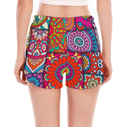 Square Bohemian Mandala Patchwork Print Women's Split Running Shorts