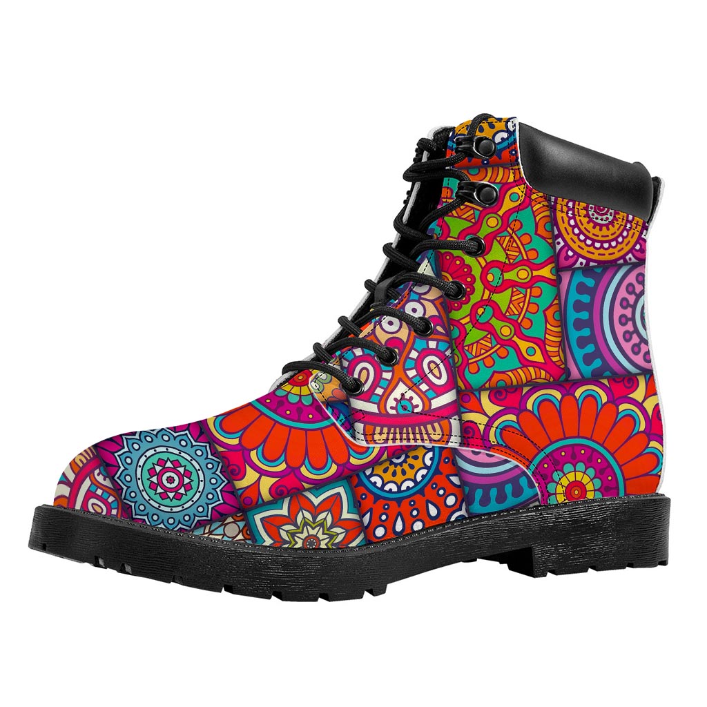 Square Bohemian Mandala Patchwork Print Work Boots