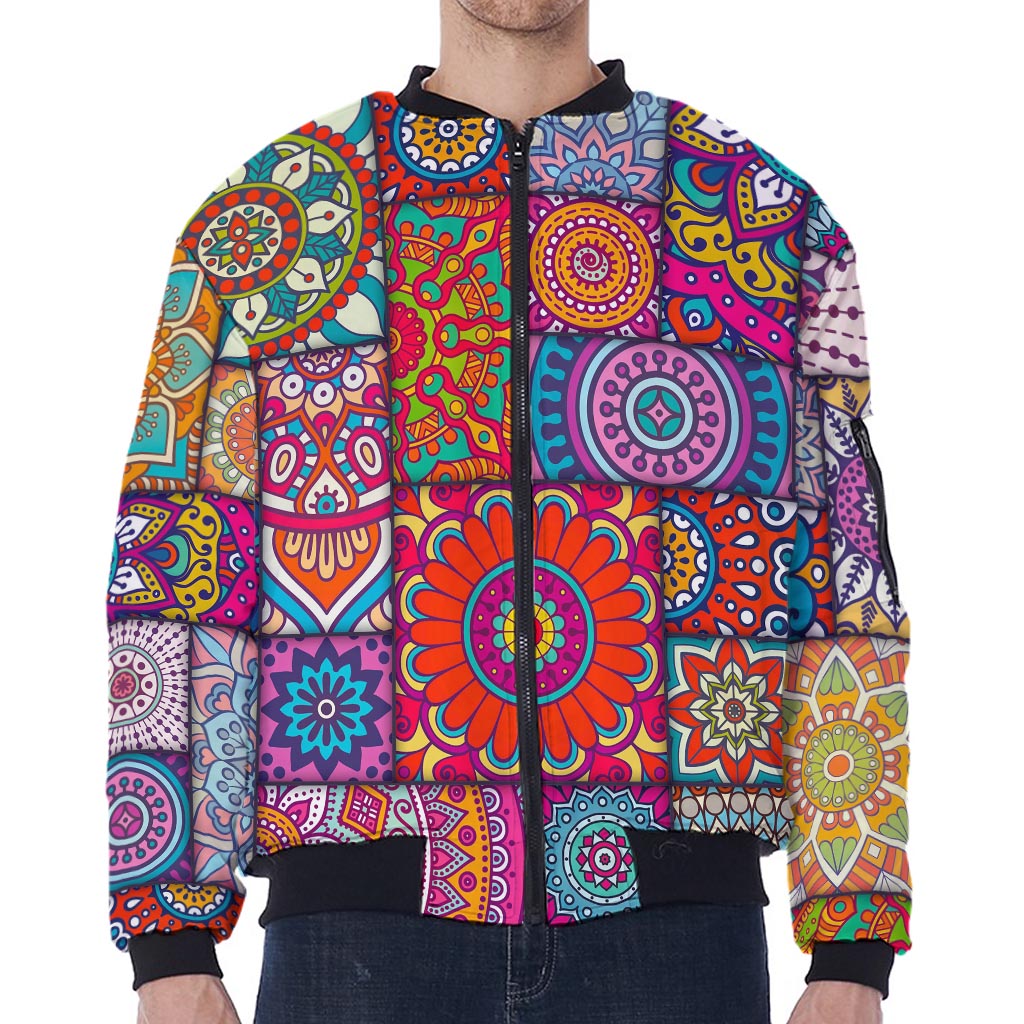 Square Bohemian Mandala Patchwork Print Zip Sleeve Bomber Jacket