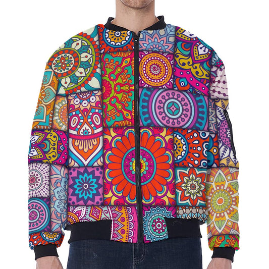 Square Bohemian Mandala Patchwork Print Zip Sleeve Bomber Jacket