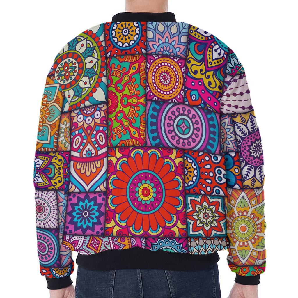 Square Bohemian Mandala Patchwork Print Zip Sleeve Bomber Jacket