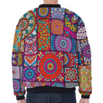Square Bohemian Mandala Patchwork Print Zip Sleeve Bomber Jacket