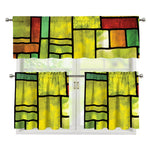 Square Stained Glass Mosaic Print 3 Piece Kitchen Curtains