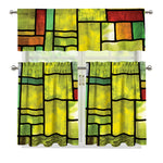 Square Stained Glass Mosaic Print 3 Piece Kitchen Curtains