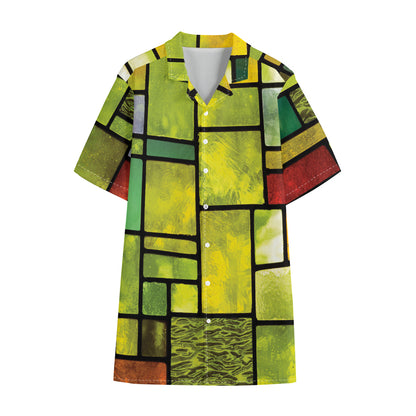 Square Stained Glass Mosaic Print Cotton Hawaiian Shirt