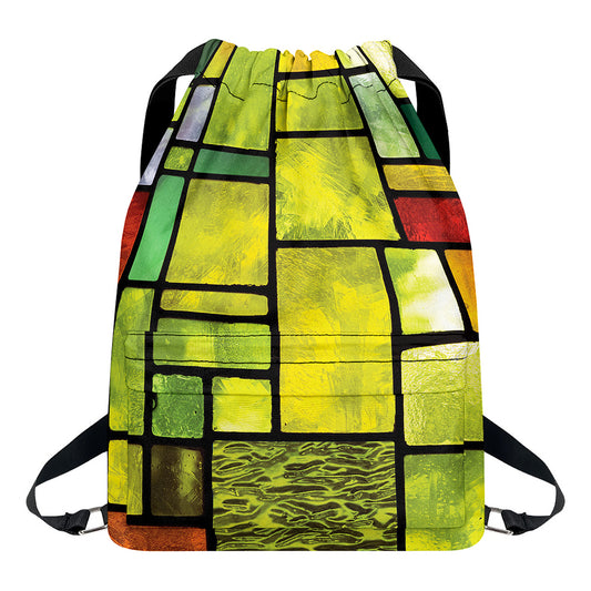 Square Stained Glass Mosaic Print Drawstring Backpack