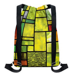 Square Stained Glass Mosaic Print Drawstring Backpack