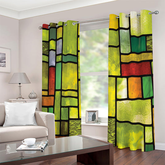 Square Stained Glass Mosaic Print Extra Wide Grommet Curtains