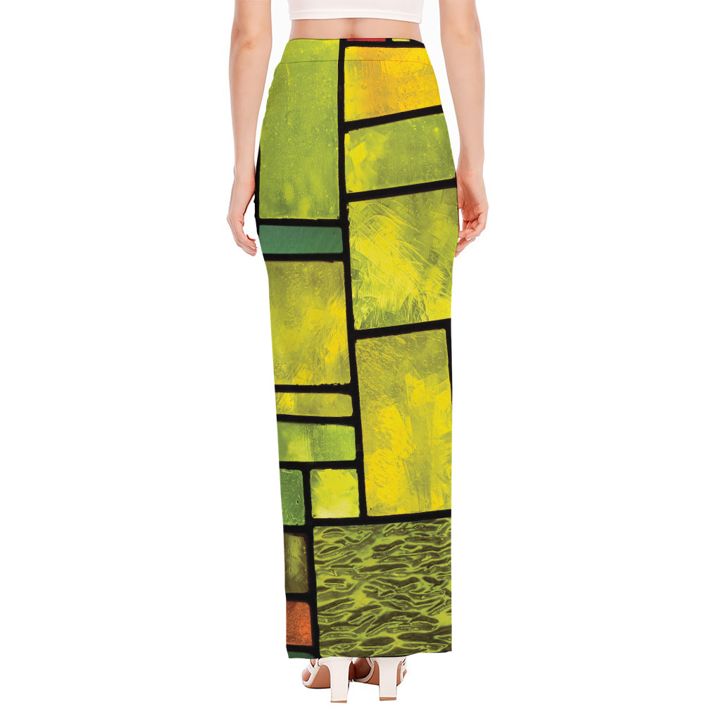 Square Stained Glass Mosaic Print High Slit Maxi Skirt