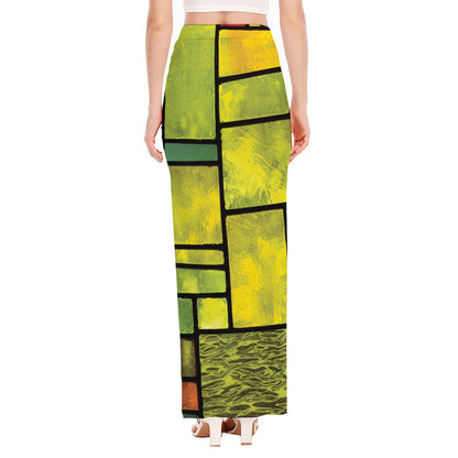 Square Stained Glass Mosaic Print High Slit Maxi Skirt