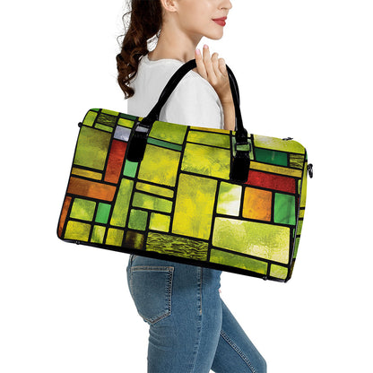 Square Stained Glass Mosaic Print Leather Duffle Bag