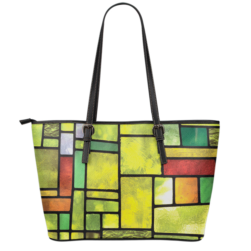 Square Stained Glass Mosaic Print Leather Tote Bag