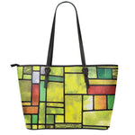 Square Stained Glass Mosaic Print Leather Tote Bag