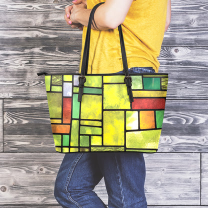 Square Stained Glass Mosaic Print Leather Tote Bag
