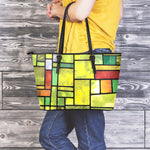 Square Stained Glass Mosaic Print Leather Tote Bag