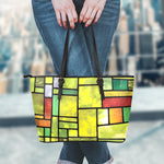 Square Stained Glass Mosaic Print Leather Tote Bag