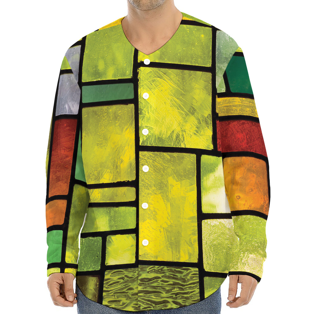 Square Stained Glass Mosaic Print Long Sleeve Baseball Jersey