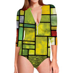 Square Stained Glass Mosaic Print Long Sleeve Swimsuit