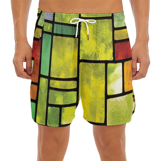 Square Stained Glass Mosaic Print Men's Split Running Shorts