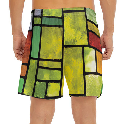 Square Stained Glass Mosaic Print Men's Split Running Shorts