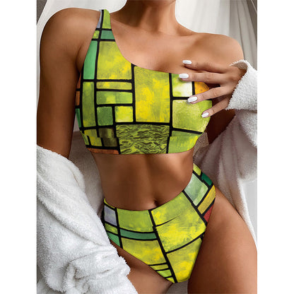 Square Stained Glass Mosaic Print One Shoulder Bikini Top