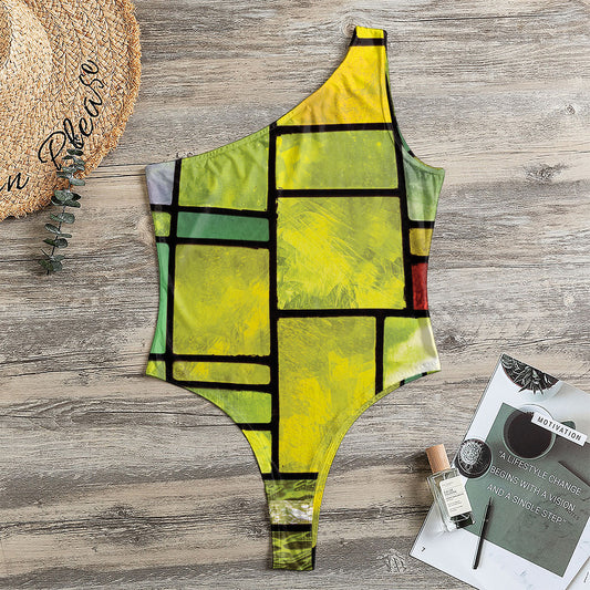 Square Stained Glass Mosaic Print One Shoulder Bodysuit