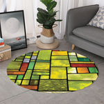 Square Stained Glass Mosaic Print Round Rug