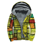 Square Stained Glass Mosaic Print Sherpa Lined Zip Up Hoodie